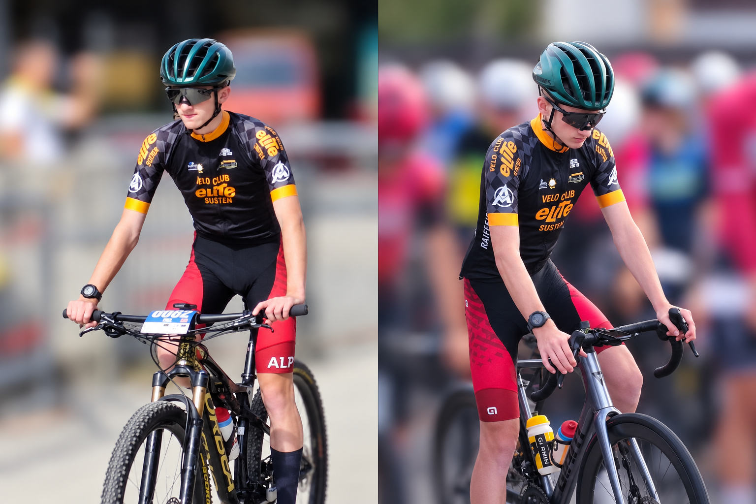 Cyrill im Elite-Oberteil mit MTB und Rennrad; andere Personen sind stark weichgezeichnet